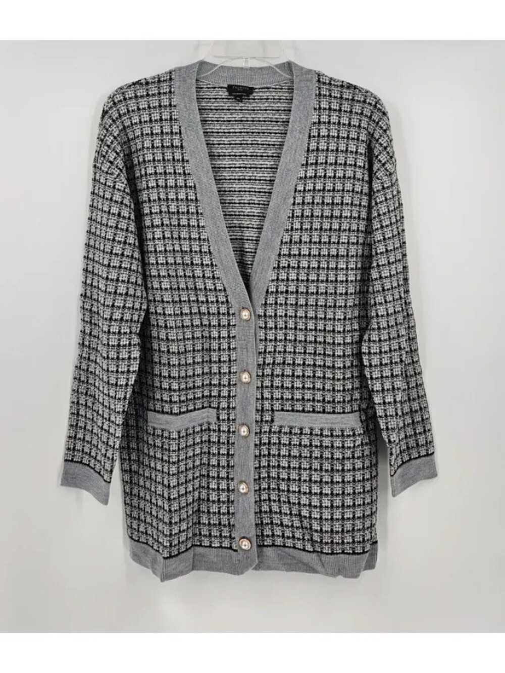 Talbots Petite 100% Merino Wool Black Gray Knit Cardigan Sweater Size MP